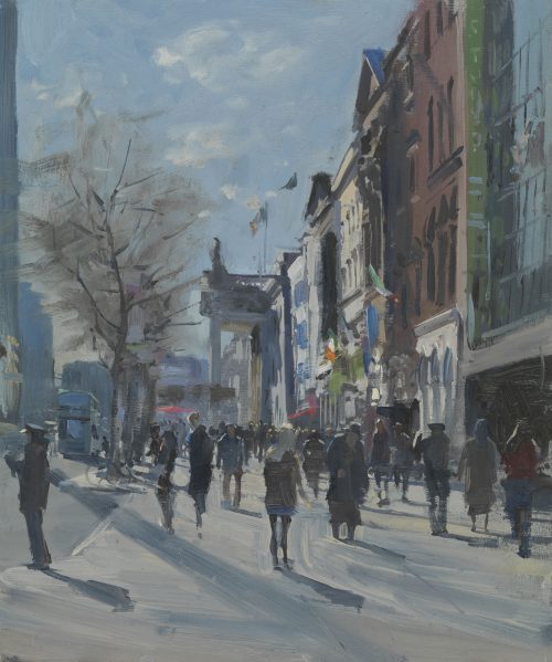In the shadow of the spire, morning light, O'Connell Street