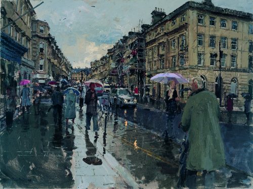 Summer from the bottom of Milsom Street, Bath, with scaffolding