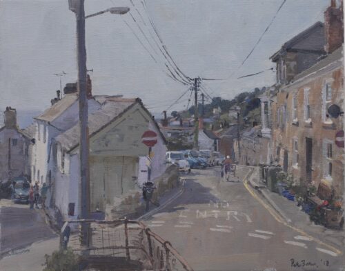 Outside Ken Howard's Studio, Mousehole. Painted on Friday 10th May 2018 during a short stay when painter friends rented Ken's studio and invited me down. We sent Dora a photo of me lounging like one of his nudes on the chaise longue in my pants. Pathetic really!