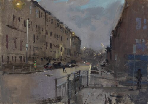 Sketch of Crossloan Road from Elderpark Street, Govan - early January morning rain (School Crossing patrol Officer)